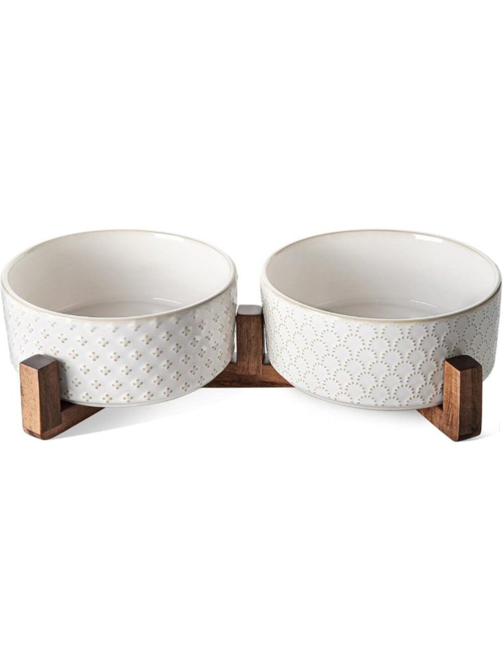 Elevated Ceramic Dog Bowls with Acacia Wood Stand - 7" Food & Water Set for